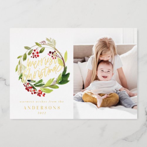 merriest christmas floral 1 photo foil holiday card