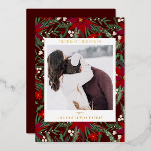 Merriest Christmas floral red green photo Foil Holiday Card