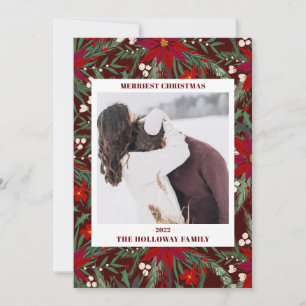 Merriest Christmas floral red green photo Holiday Card