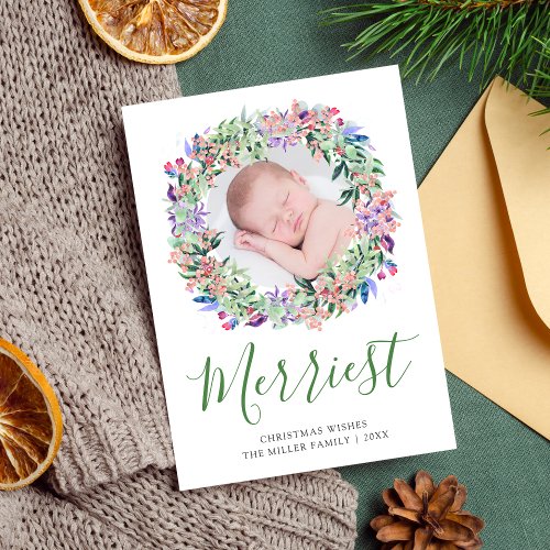 Merriest Christmas Floral Wreath Photo Holiday Card