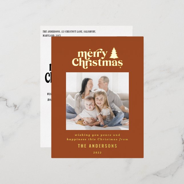 Merriest Christmas graphic typography photo  Foil  Foil Holiday Postcard (Front/Back)
