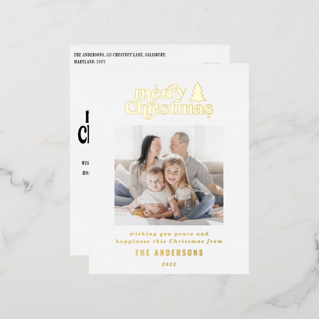 Merriest Christmas graphic typography photo   Foil Holiday Postcard (Front/Back)