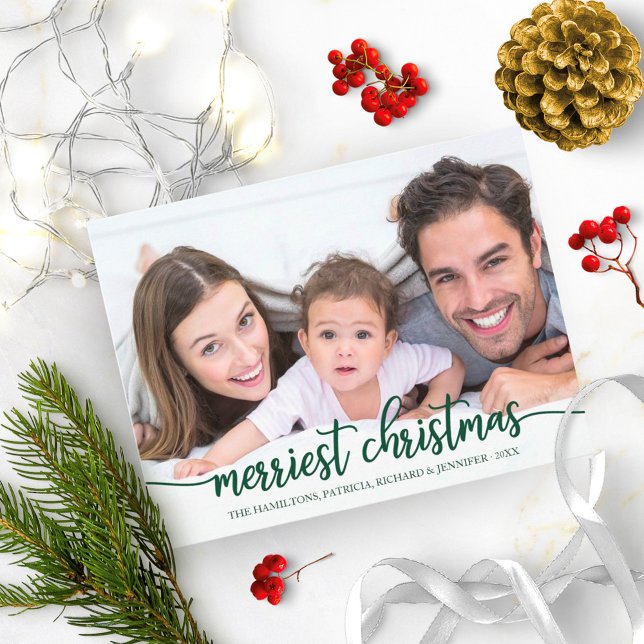 Merriest Christmas Green Calligraphy Full Photo Postcard (Creator Uploaded)