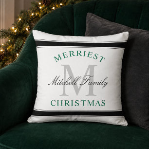 Merriest Christmas Green Family Monogram Throw Pillow