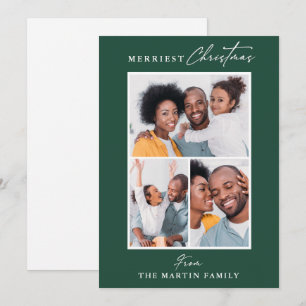 Merriest Christmas Green Three Photo Collage Holiday Card