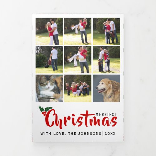 Merriest Christmas holly berry photo collage Tri_Fold Holiday Card