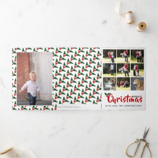 Merriest Christmas holly berry photo collage Tri-Fold Holiday Card