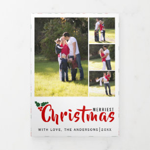 Merriest Christmas holly berry, photo collage Tri-Fold Holiday Card