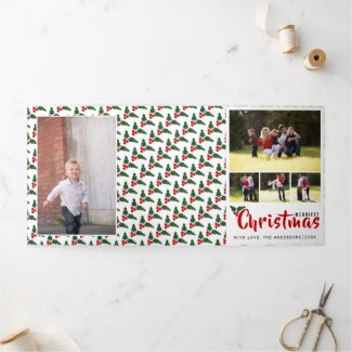 Merriest Christmas holly berry  photo collage Tri-Fold Holiday Card