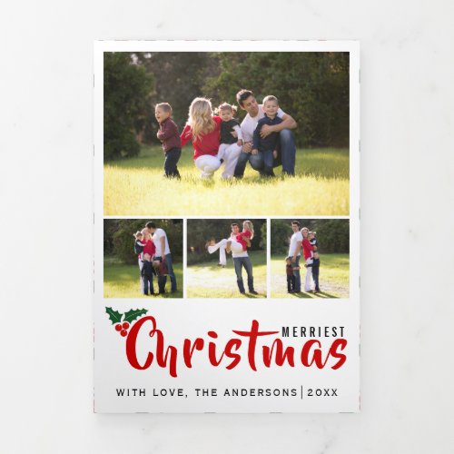 Merriest Christmas holly berry  photo collage Tri_Fold Holiday Card