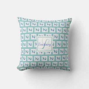 Merriest Christmas Mittens Blue Bow Name Monogram Throw Pillow
