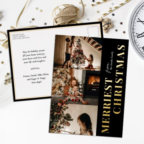 Merriest Christmas Modern Black Gold Script Photo Foil Holiday Postcard