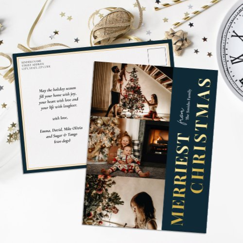 Merriest Christmas Modern Blue Gold Script Photo Foil Holiday Postcard