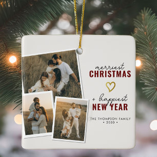 Merriest Christmas Modern Boho 3 Photo Collage Ceramic Ornament