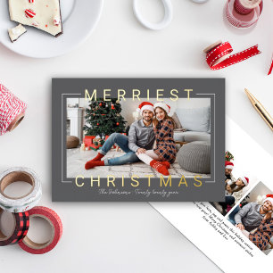 Merriest Christmas Modern Gray Gold Foil Frame Holiday Card