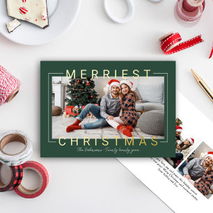 Merriest Christmas Modern Green Gold Foil Frame Holiday Card
