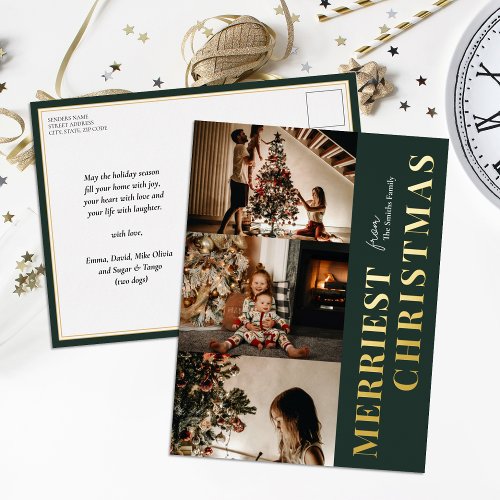 Merriest Christmas Modern Green Gold Script Photo Foil Holiday Postcard