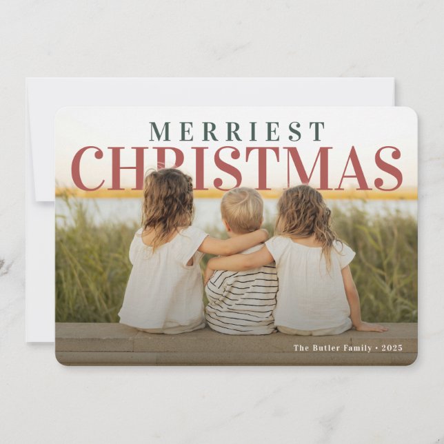 Merriest Christmas Modern Photo Holiday Card (Front)