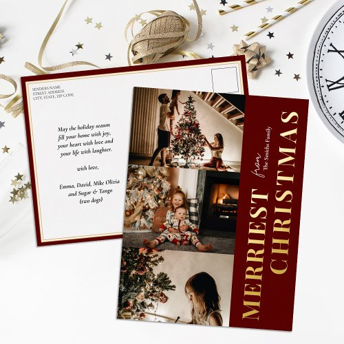 Merriest Christmas Modern Red Gold Script Photo Foil Holiday Postcard