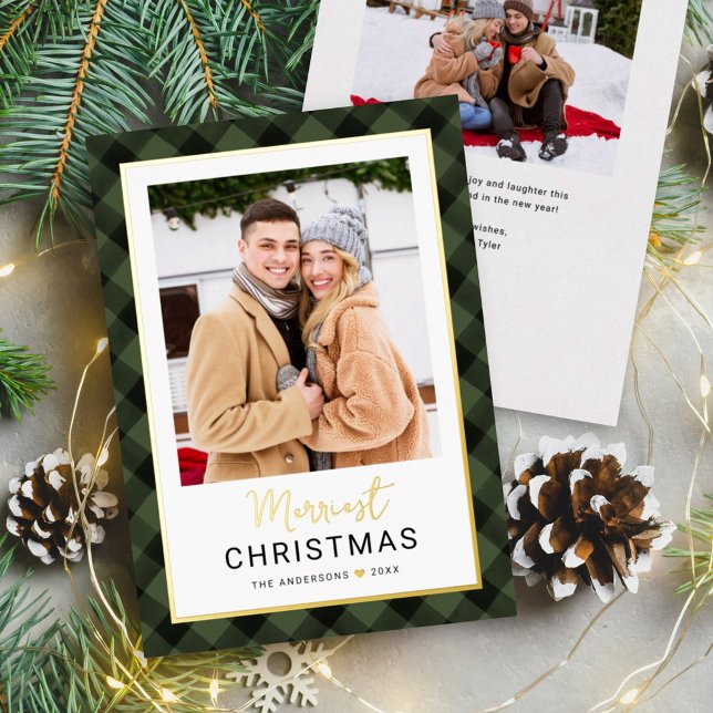 Merriest Christmas Olive Green Buffalo Plaid Photo Foil Holiday Card (Creator Uploaded)