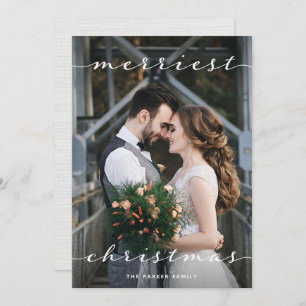 Merriest Christmas One Photo Script Linen Look Holiday Card