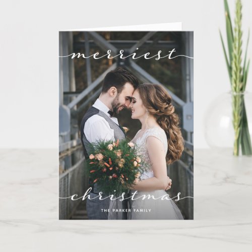 Merriest Christmas  One Photo Script Linen Look Holiday Card