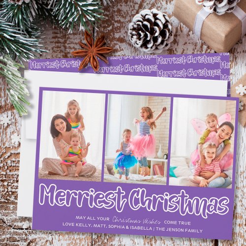 Merriest Christmas Open Lettering 3 Vertical Photo Holiday Card