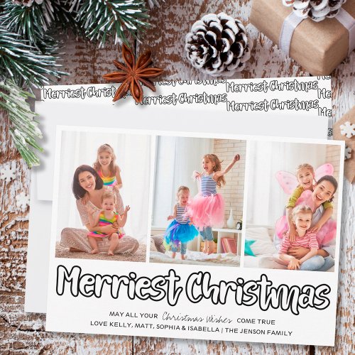 Merriest Christmas Open Lettering 3 Vertical Photo Holiday Card