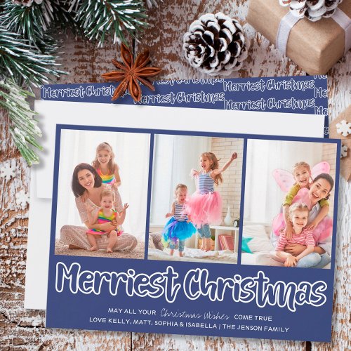 Merriest Christmas Open Lettering 3 Vertical Photo Holiday Card