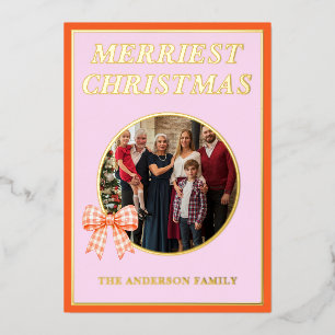 Merriest Christmas Orange Gingham Bow Family Photo Foil Holiday Card
