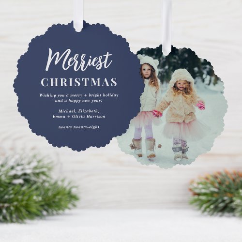 Merriest Christmas Photo Blue Holiday Ornament Card