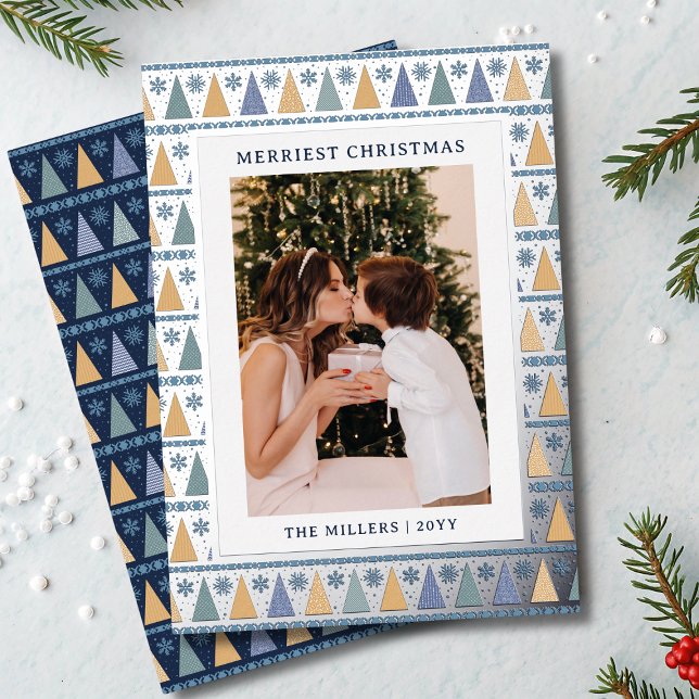 Merriest Christmas Photo Modern Blue Gold Trees Foil Holiday Card (Creator Uploaded)