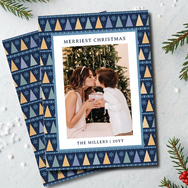Merriest Christmas Photo Modern Blue Gold Trees Holiday Card (Creator Uploaded)