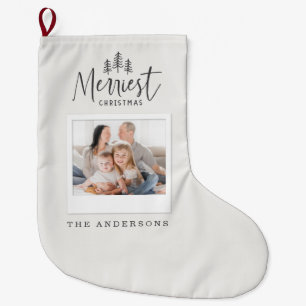 Merriest Christmas photo rustic family holiday Large Christmas Stocking