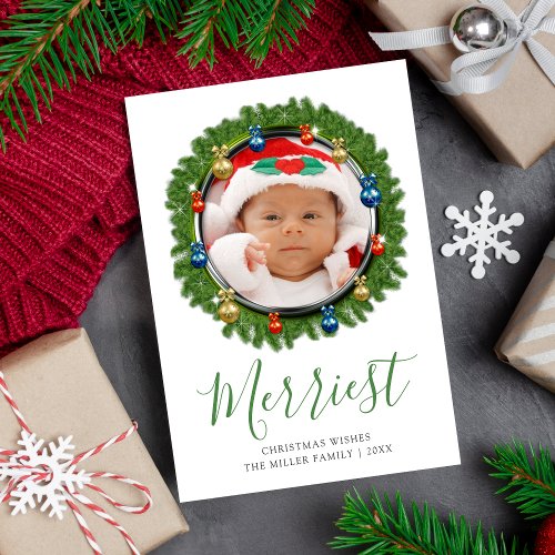 Merriest Christmas Pine Wreath Photo Holiday Card