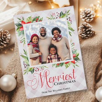 Merriest Christmas Plaid Script Family Photo Card