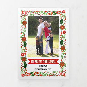 Merriest Christmas poinsettia floral border photo Tri-Fold Holiday Card