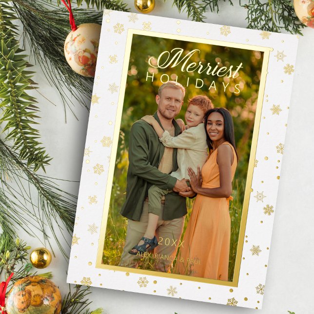 Merriest Christmas Quote Elegant Snowflakes Photo  Foil Holiday Card (Creator Uploaded)