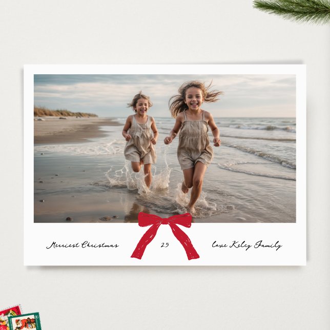 merriest christmas RED bow BLACK ink photo Holiday Card (Creator Uploaded)