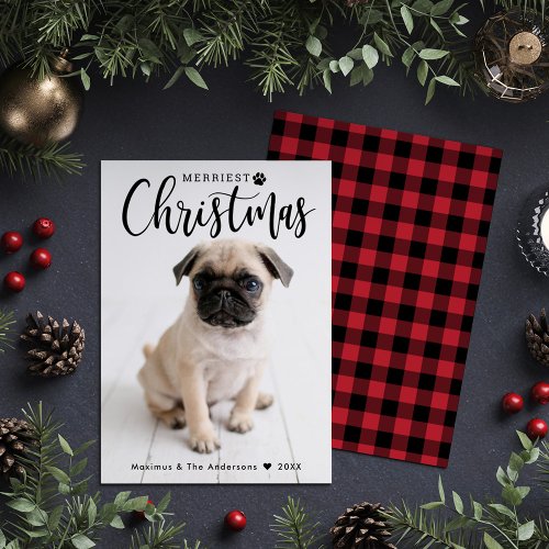 Merriest Christmas Red Buffalo Plaid Pet Photo Holiday Card