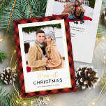 Merriest Christmas Red Buffalo Plaid Photo Foil Holiday Card<br><div class="desc">Send a stylish greeting with this foil holiday card featuring a red and black buffalo plaid background and a modern polaroid style photo frame. “Merriest” shines in gold foil script above bold Christmas typography for a clean, contemporary look. Personalize with your family name and year. Backside includes a second photo...</div>
