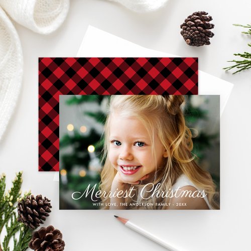 Merriest Christmas Red Buffalo Plaid Photo Holiday Card