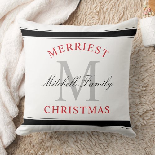 Merriest Christmas Red Family Monogram Holiday Throw Pillow