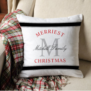 Merriest Christmas Red Family Monogram Throw Pillow