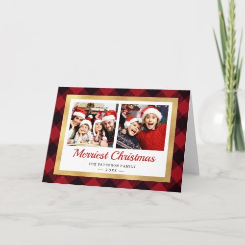 Merriest Christmas Red Plaid Gold Frame Photo Holiday Card