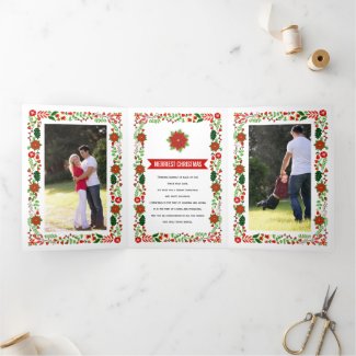 Merriest Christmas red poinsettia Christmas photo Tri-Fold Holiday Card