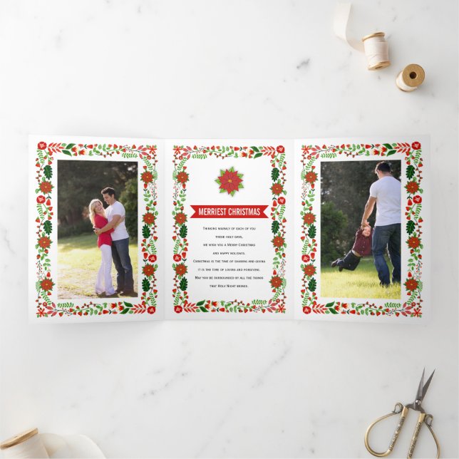 Merriest Christmas red poinsettia Christmas photo Tri-Fold Holiday Card (Inside)