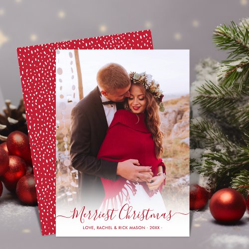 Merriest Christmas Red Script One Photo Christmas Holiday Card
