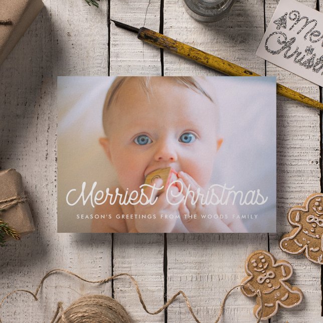 Merriest Christmas Retro script family photo Holiday Card (Creator Uploaded)
