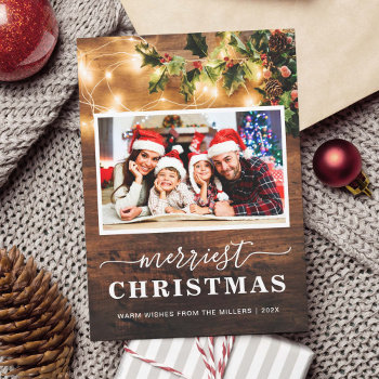 Merriest Christmas Rustic String Lights 4 Photo Holiday Card by CardHunter at Zazzle